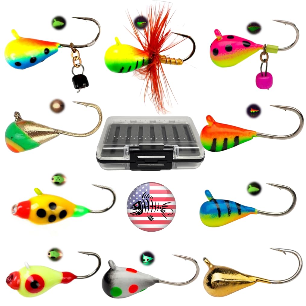 Mermaid Gear Fishbone Tungsten UV Glow ice jig, fast sinking and high visibility.