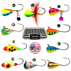 Mermaid Gear Fishbone Tungsten UV Glow ice jig, fast sinking and high visibility.