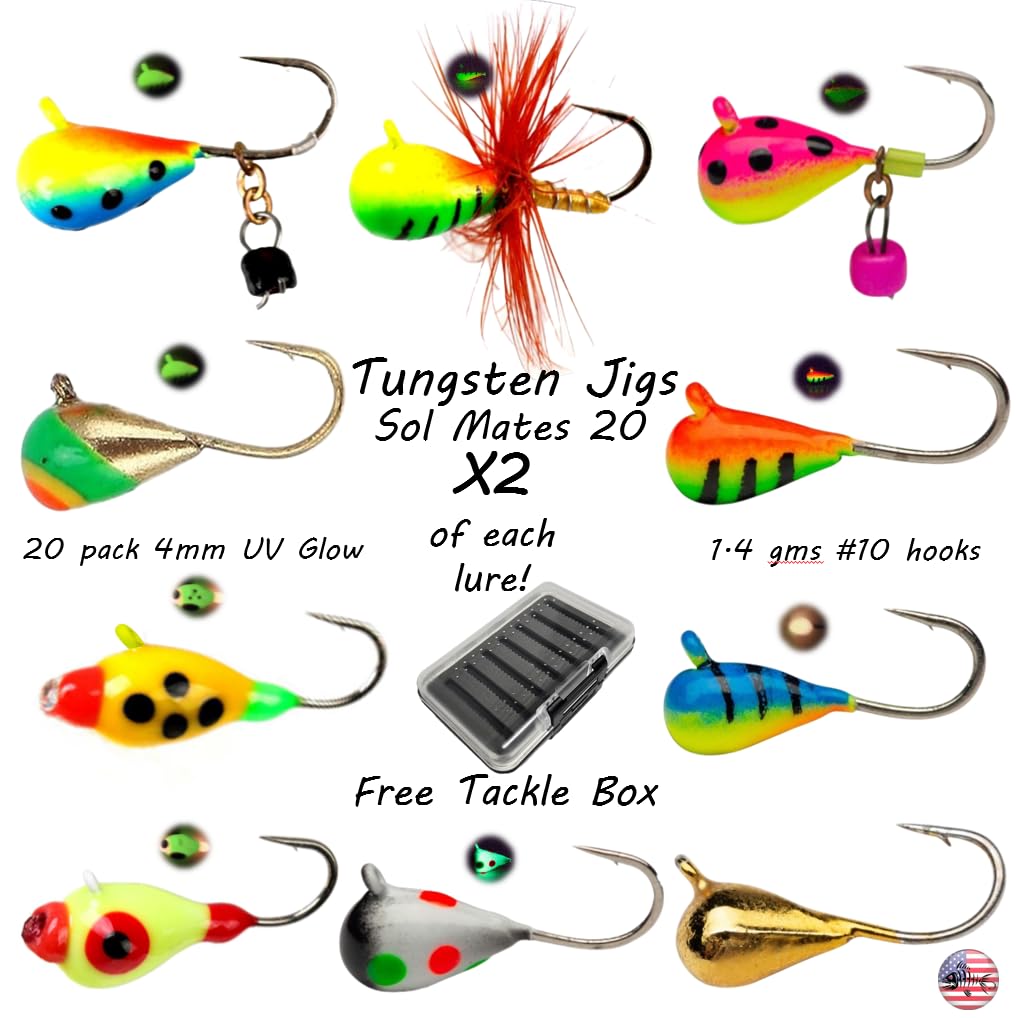 Mermaid Gear Sol Mates 20-pack UV glow ice jigs with free tackle box.