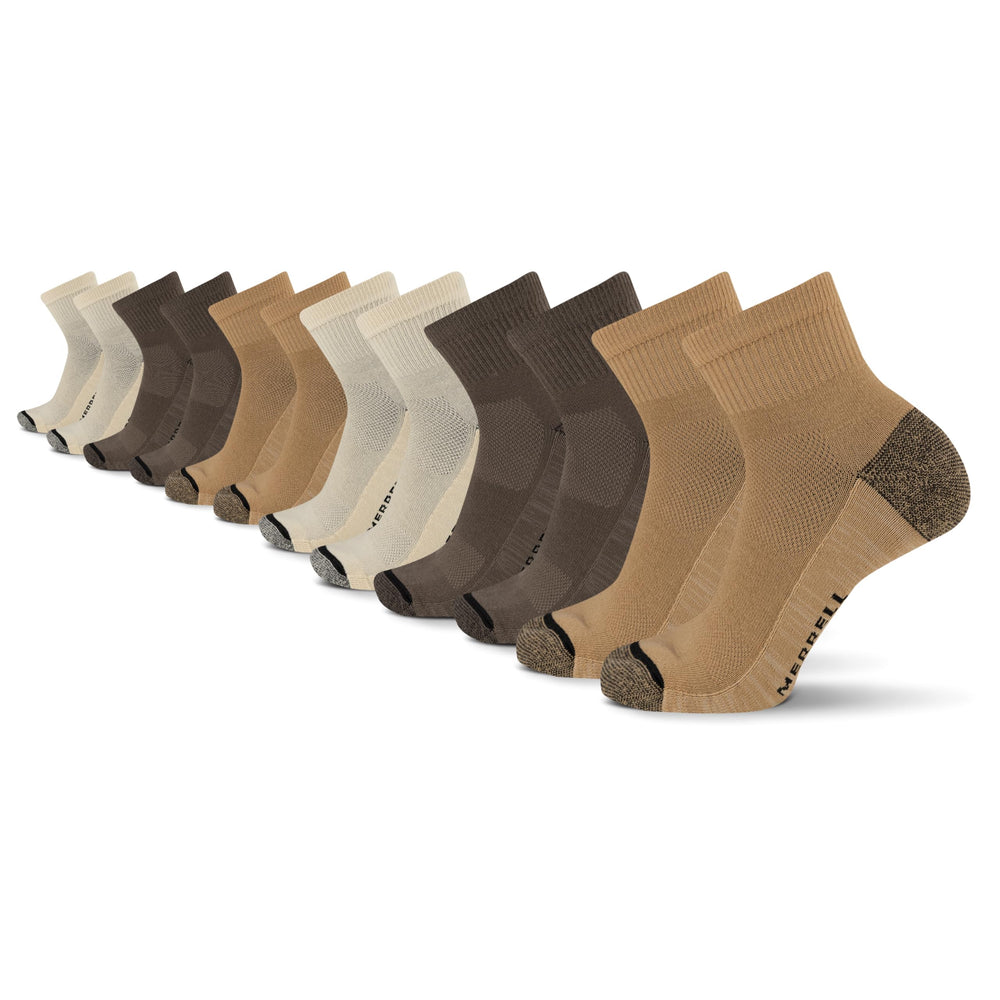 Merrell Everyday Outdoor Ankle Socks 12-pack in tan; breathable mesh for comfort on hikes.