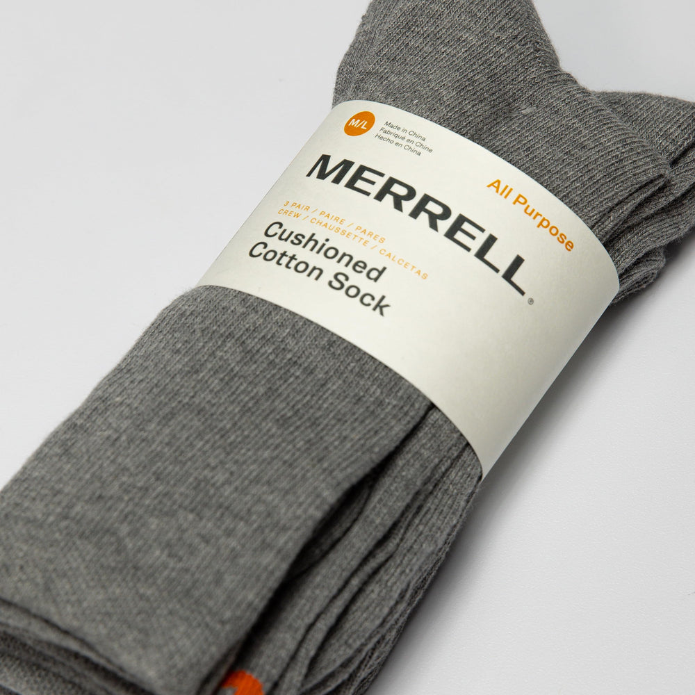 Merrell ring spun cotton blend provides softness and comfort in gray socks.