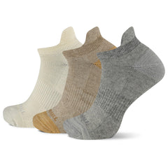 Merrell Trekker low-cut tab sock pack shot shows three tan pairs for versatile trail wear