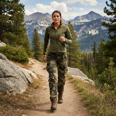 Mesinsefra women's cargo pants back view shows buttoned rear pockets for secure belongings