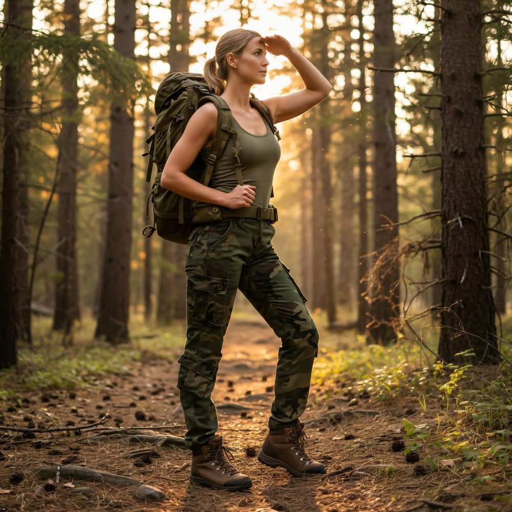 Mesinsefra women's cargo pants outdoor use in action illustration.