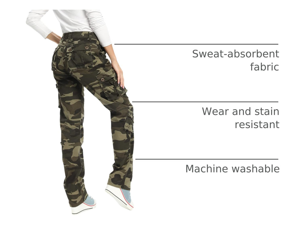Mesinsefra women's cotton-camo fabric closeup highlights breathable 98% cotton 2% spandex blend