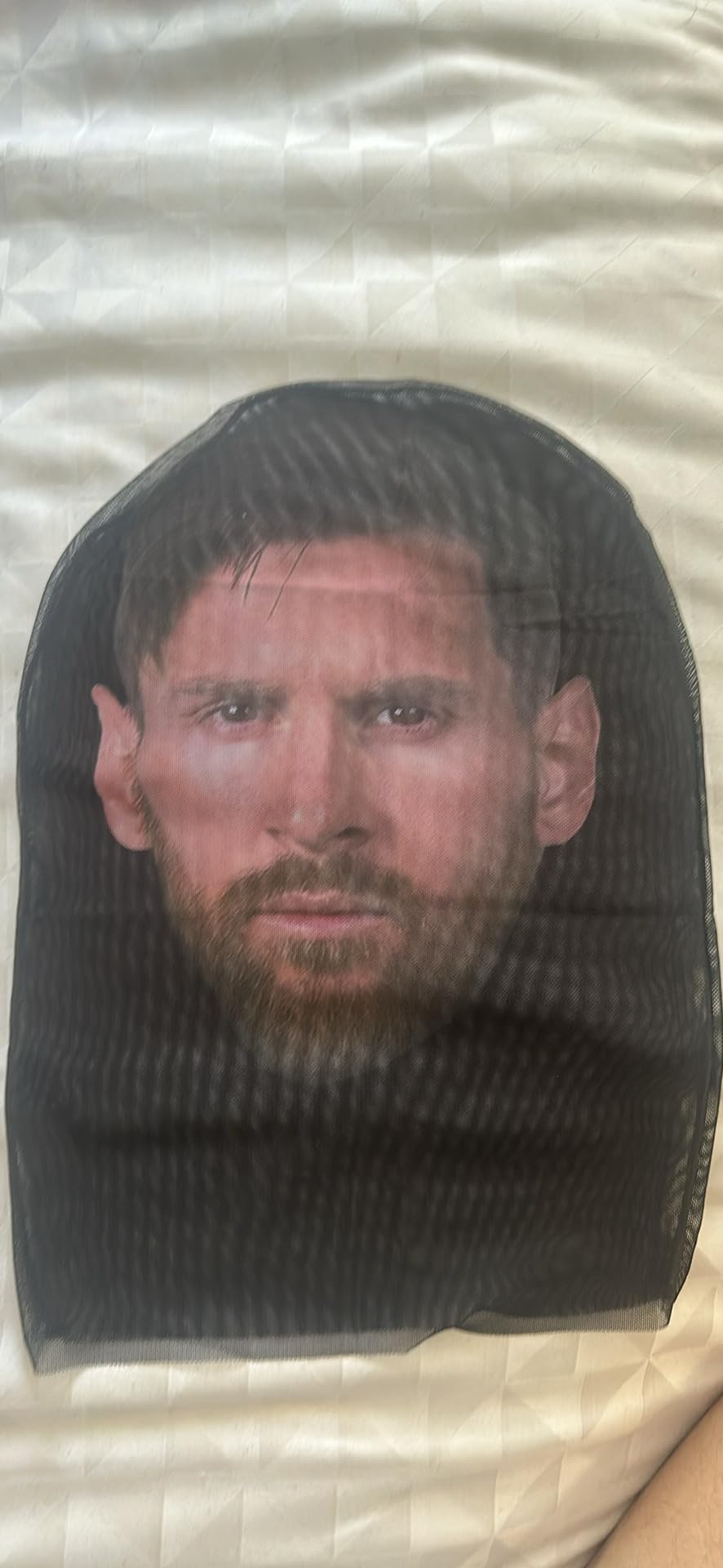 Messi mask 3D portrait side view showing detailed likeness for cosplay.