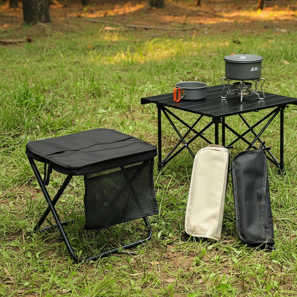 Metal frame folding stool provides sturdy outdoor seating for adults.