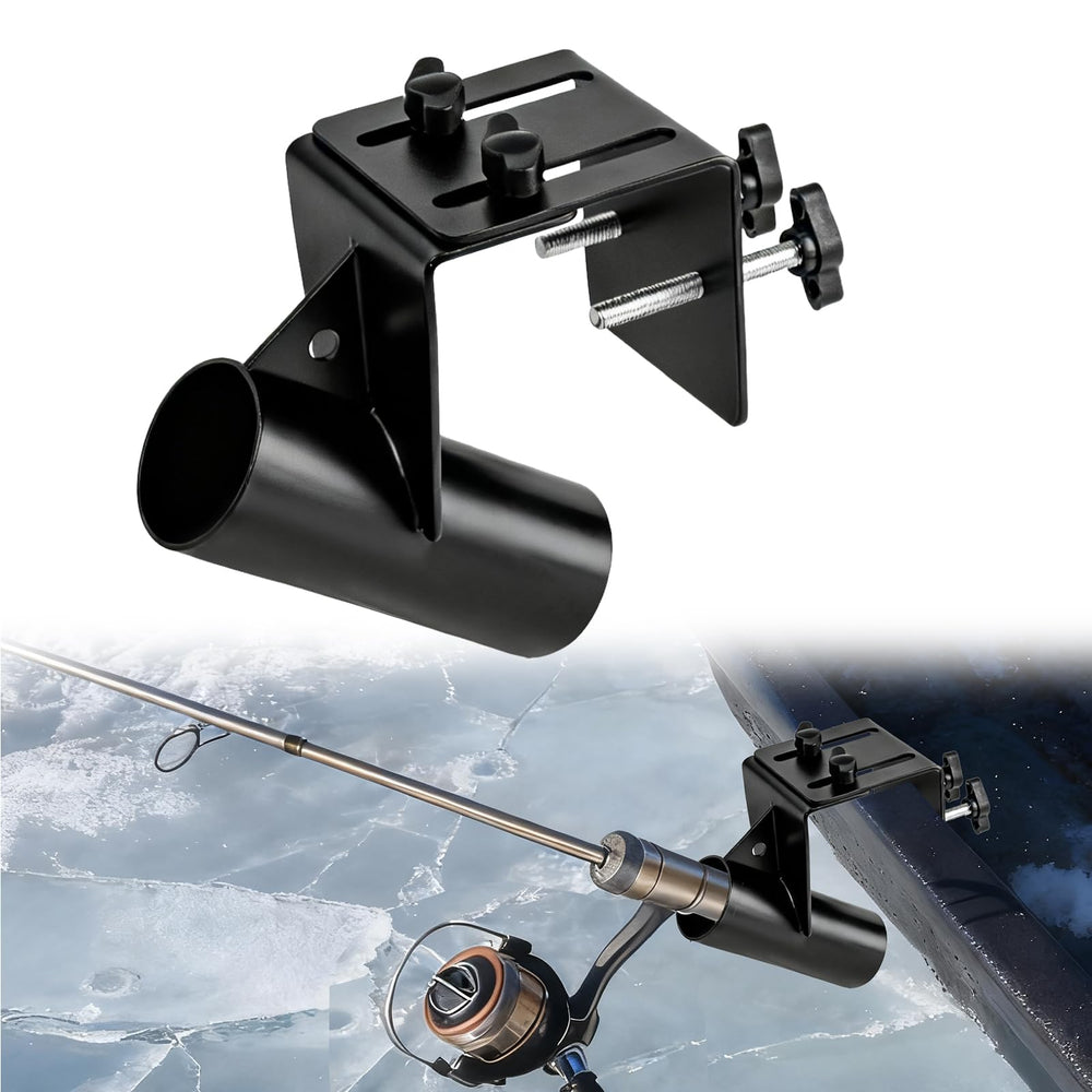 Metal ice fishing sled rod holder attached to a sled