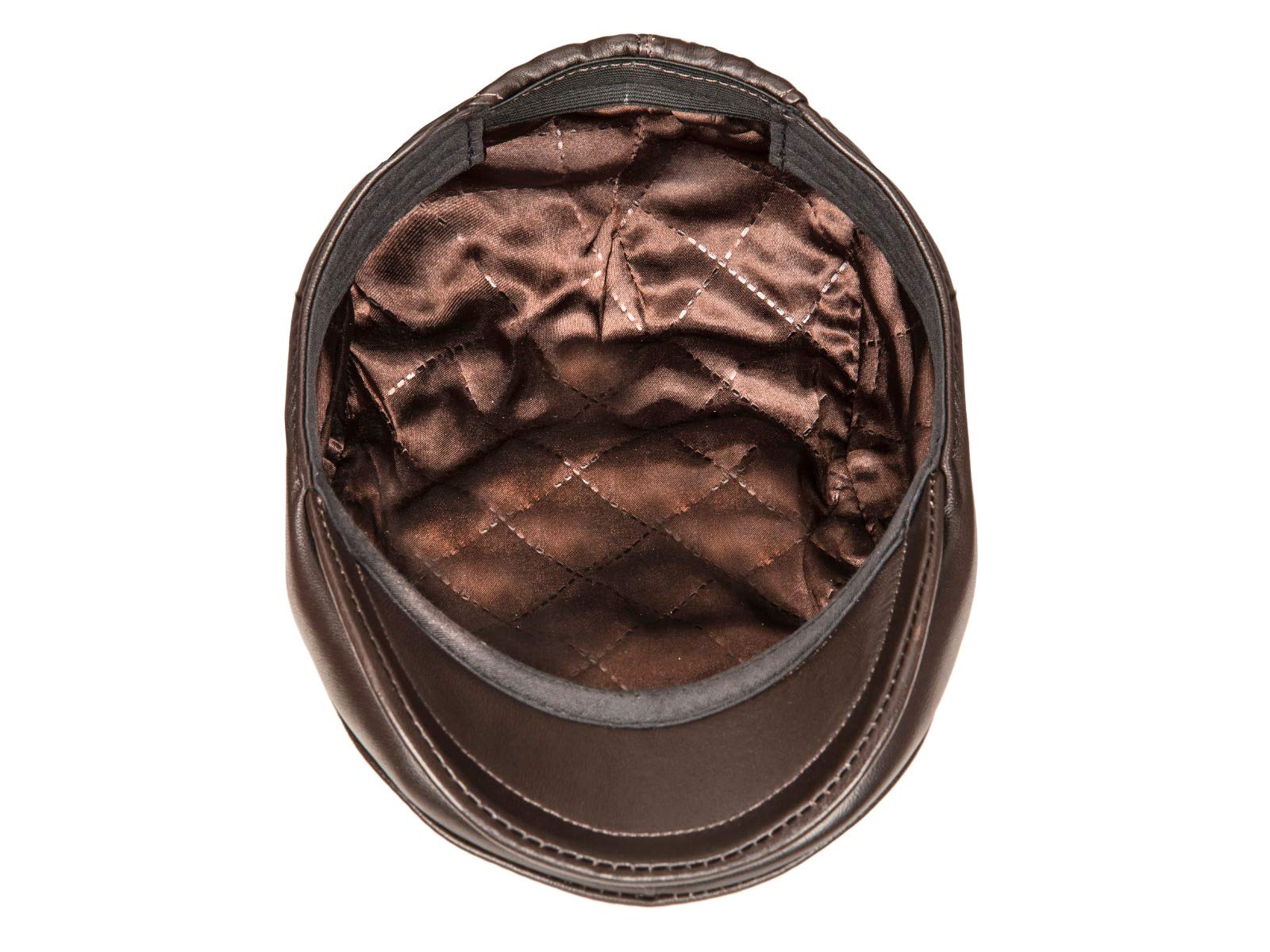 Metellino leather flat cap closeup reveals meticulous stitching and rain-ready finish