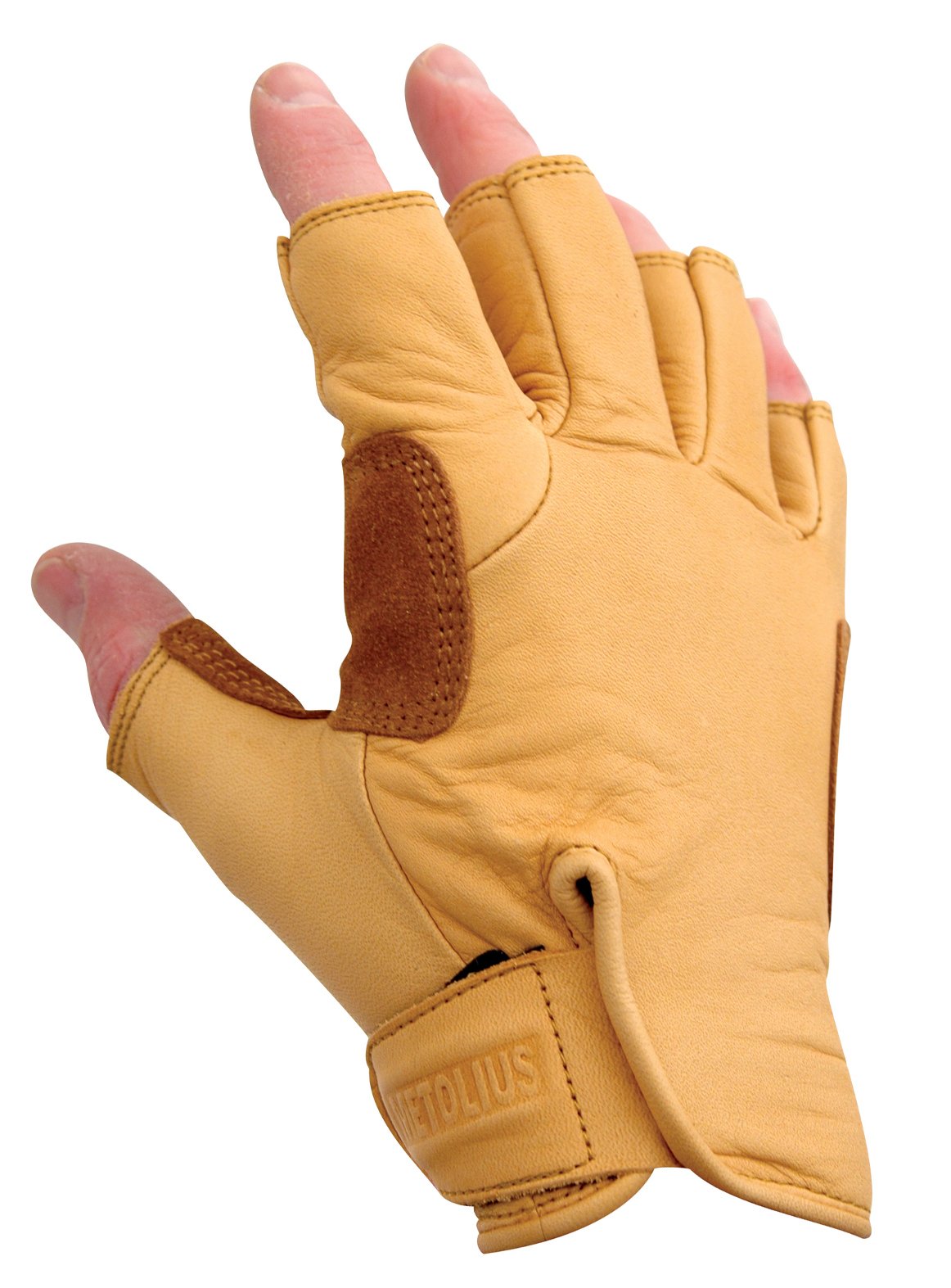 Metolius 3/4 climbing glove natural palm close-up shows reinforced palm for grip