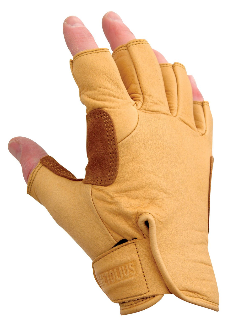 Metolius 3/4 climbing glove natural palm close-up shows reinforced palm for grip