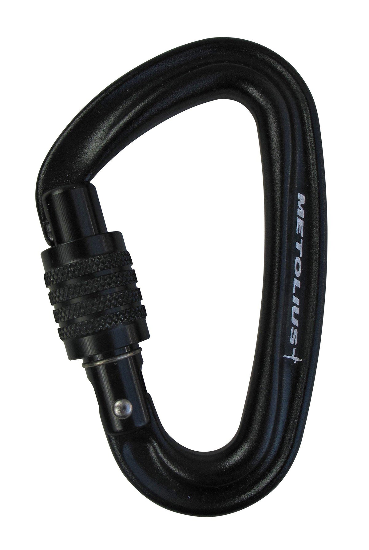 Metolius Bravo Screwgate carabiner front view with keylock for smooth rope clipping