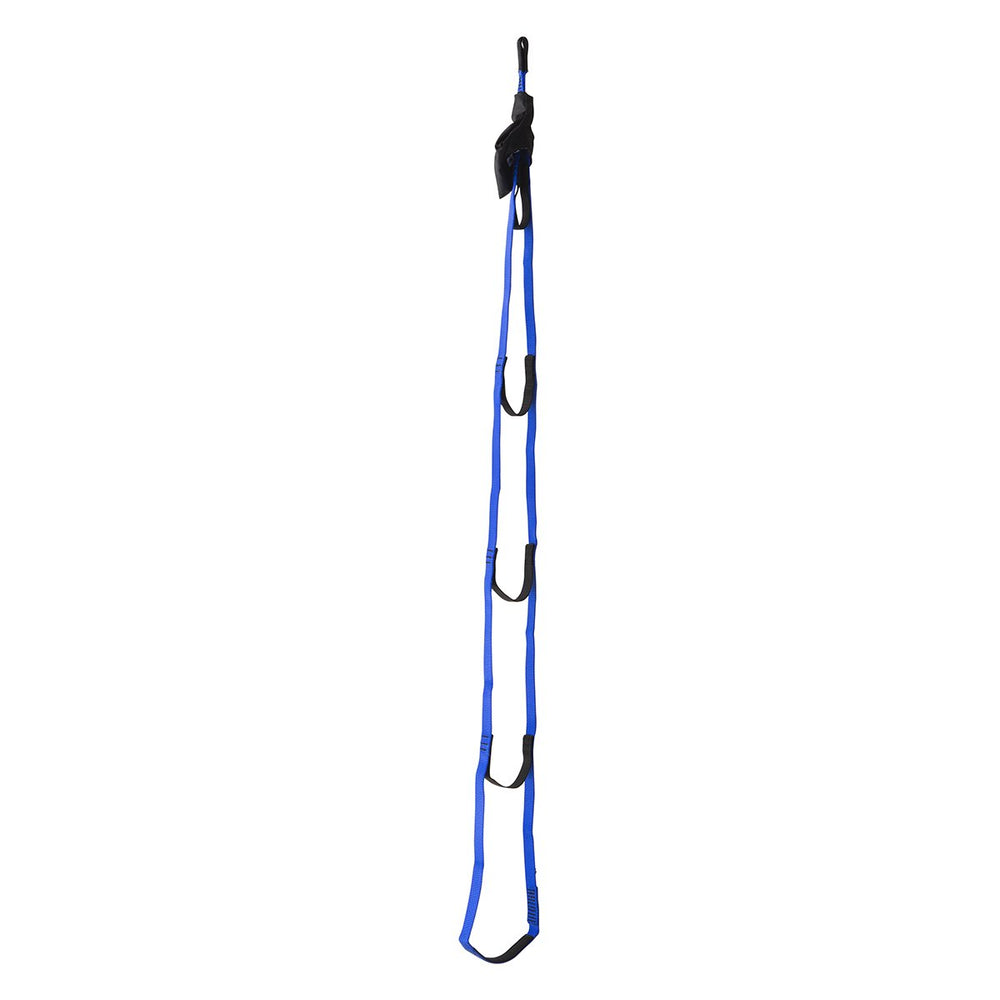 Metolius Pocket Aider Blue folded in its attached pouch for easy transport on alpine climbs.