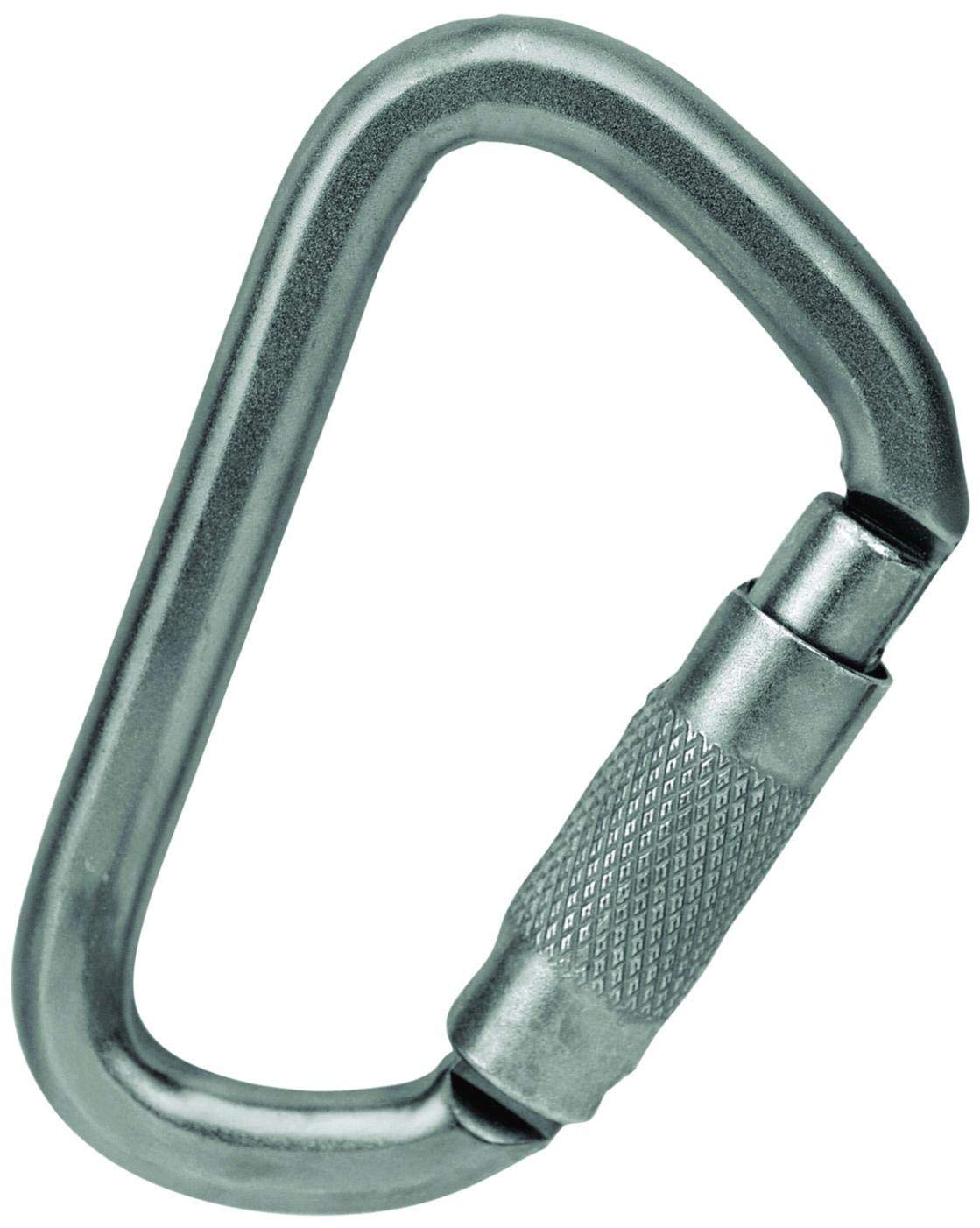 Metolius steel auto lock carabiner in silver, ideal for rugged, quick-secure attachments.