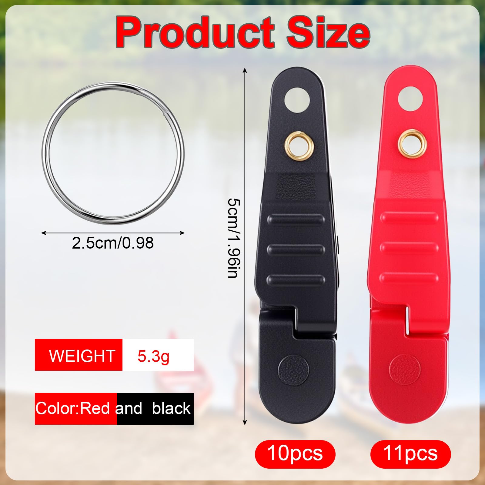 Red and black downrigger release clips with rings