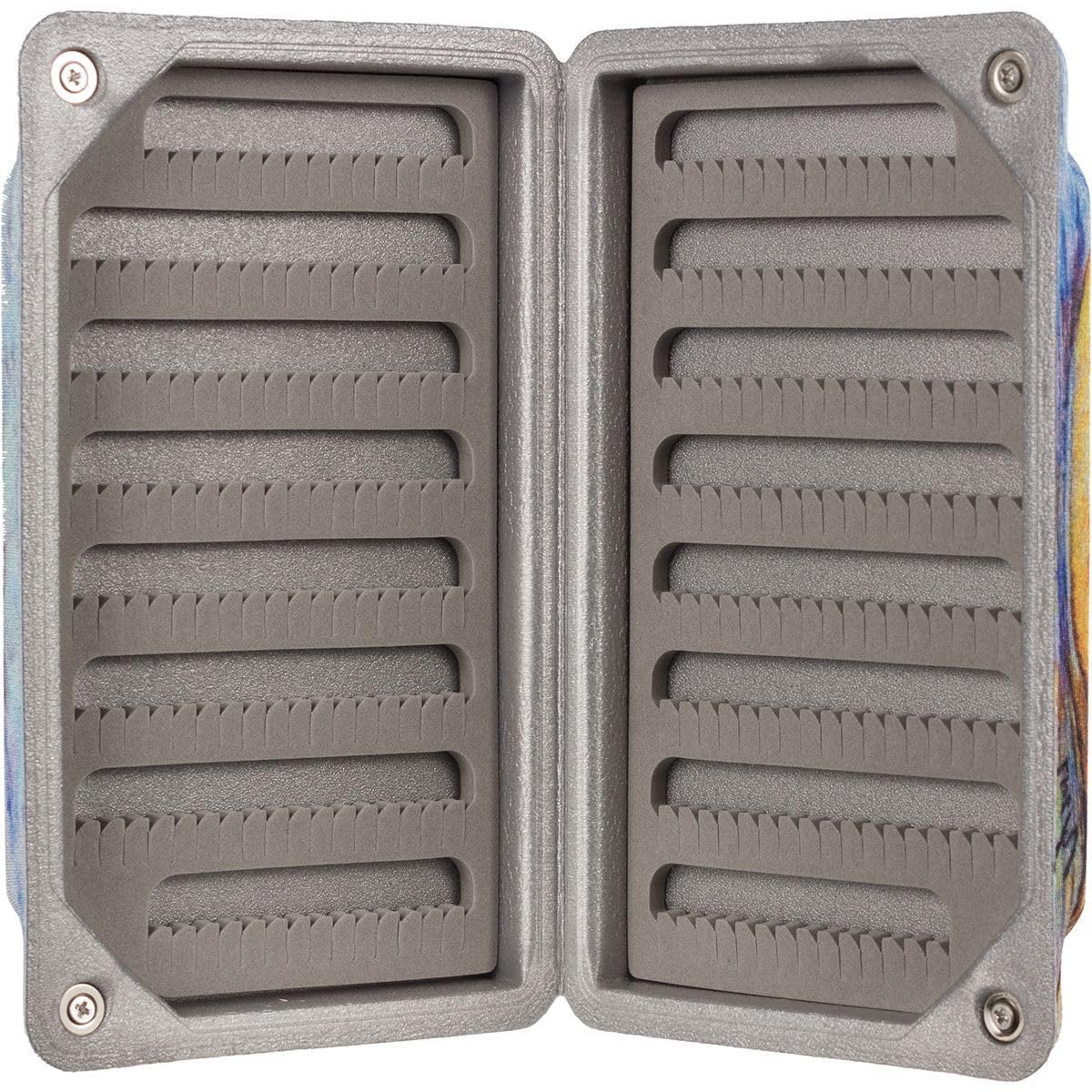 MFC Flyweight Fly Box Hallock's Brown Trout closed with slim foam and tiny slits for secure storage.