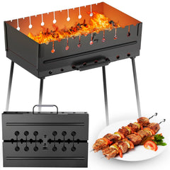 MHH Charcoal Grill with 8 skewers assembled for convenient outdoor kebab cooking.