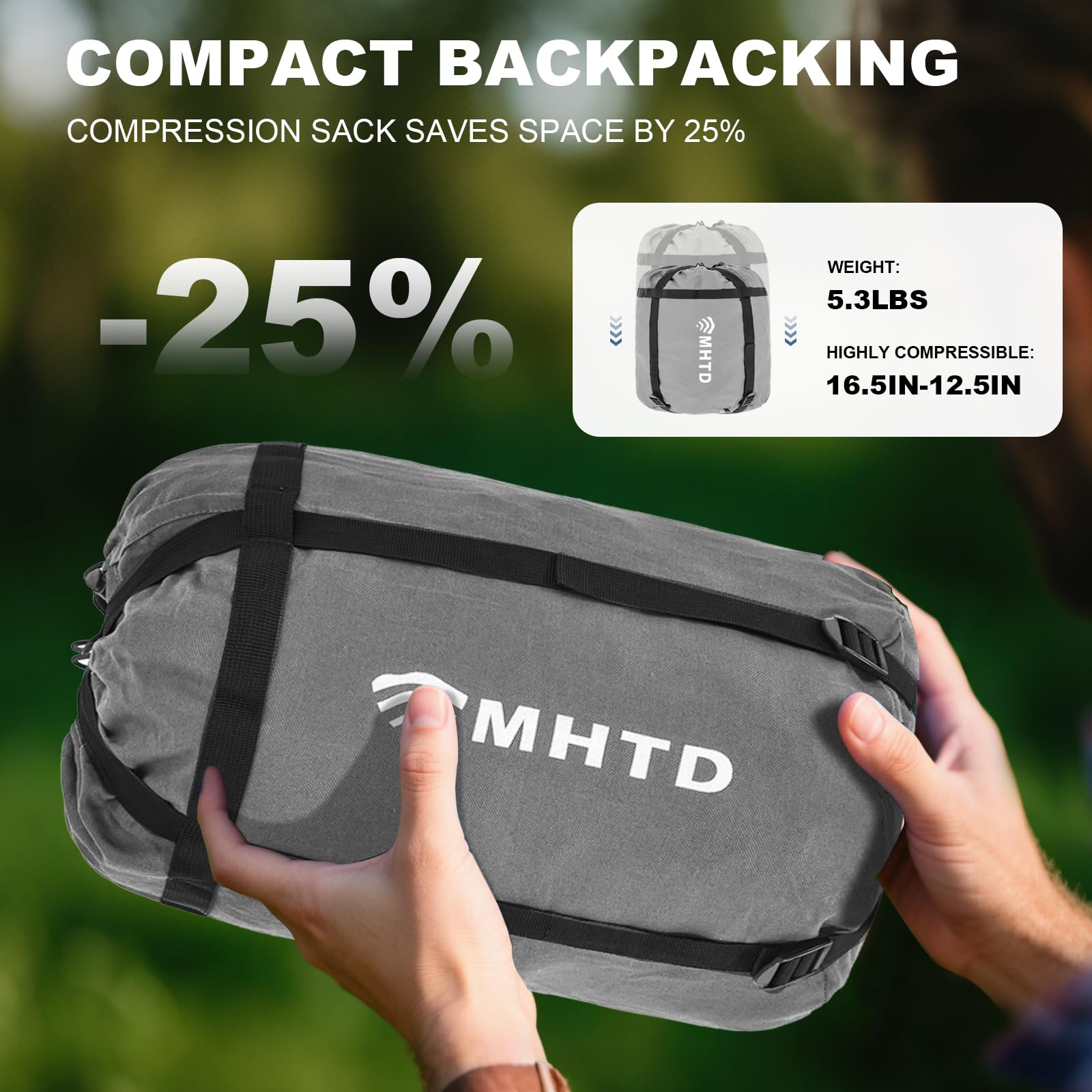 MHTD compression bag demonstrates compact packing for easy backpack carry.