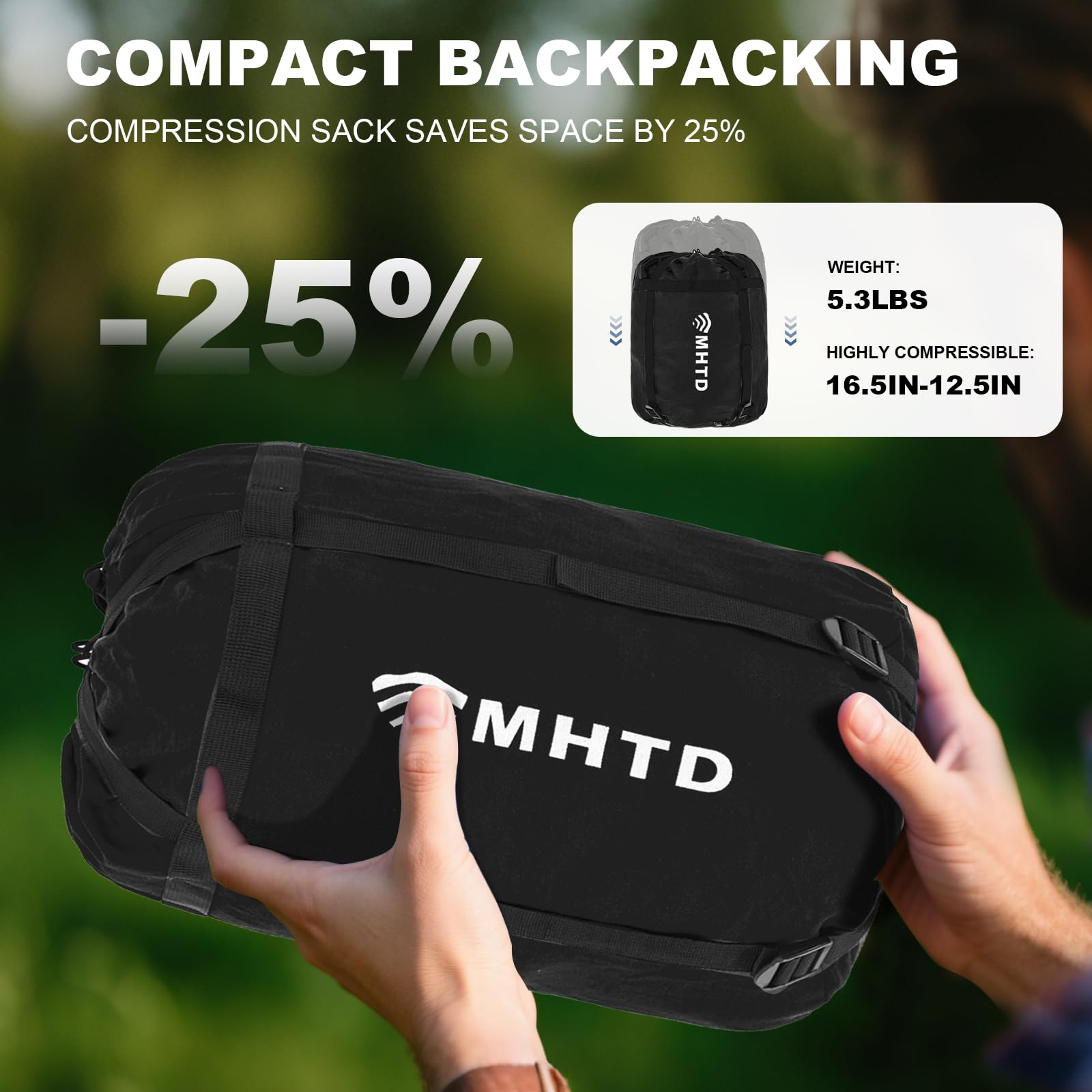 MHTD compact backpacking compression bag makes packing easy for side-pocket storage.