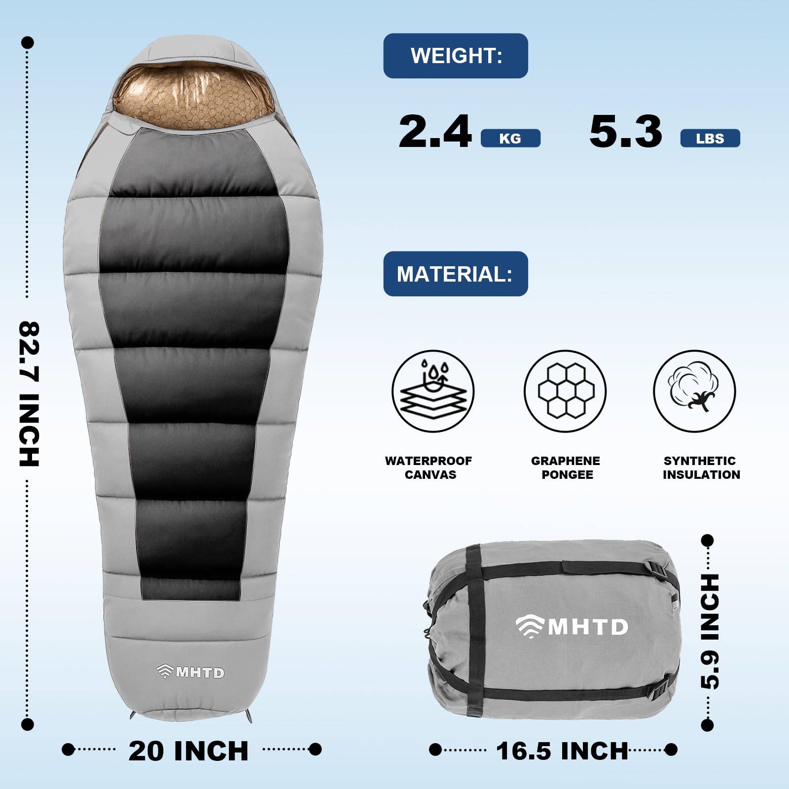 MHTD winter sleeping bag inside with graphene interior promoting comfort and warmth retention.