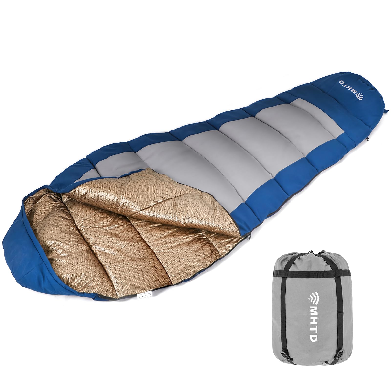 MHTD winter sleeping bag in compact pack form for backpacking trips.