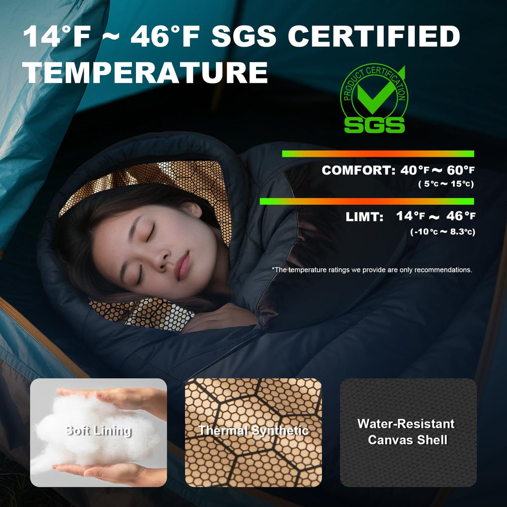 MHTD winter sleeping bag water-resistant canvas shell withstands damp conditions.