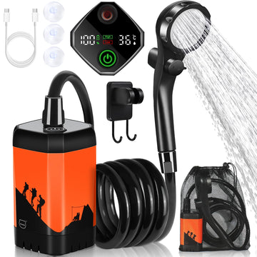 MIAOKE Upgrade portable camping shower battery status shows long-lasting power for outdoors