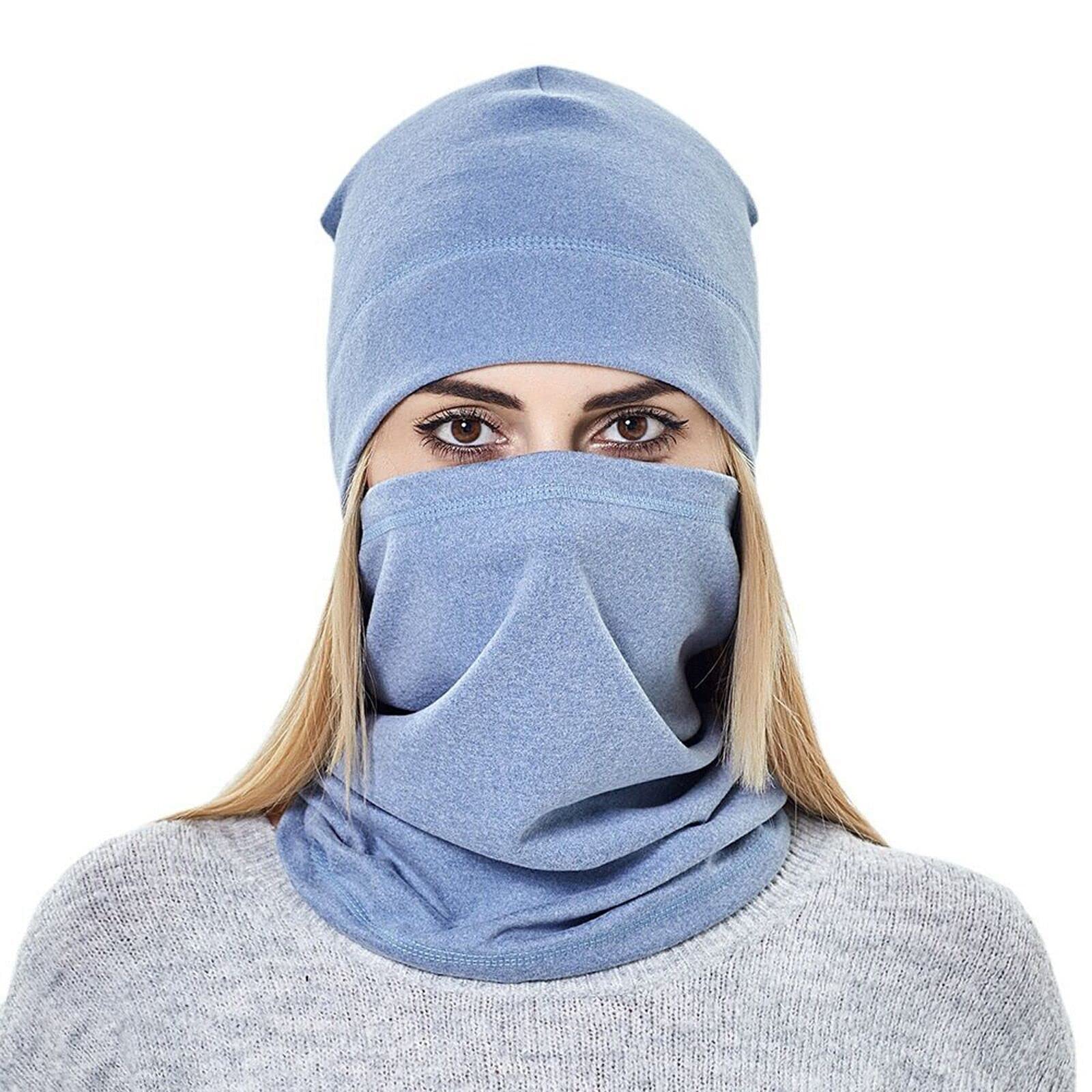 Sky blue Micoop fleece beanie hat and neck warmer set on model