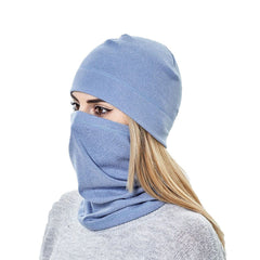 Beanie and neck warmer set shown separately in sky blue