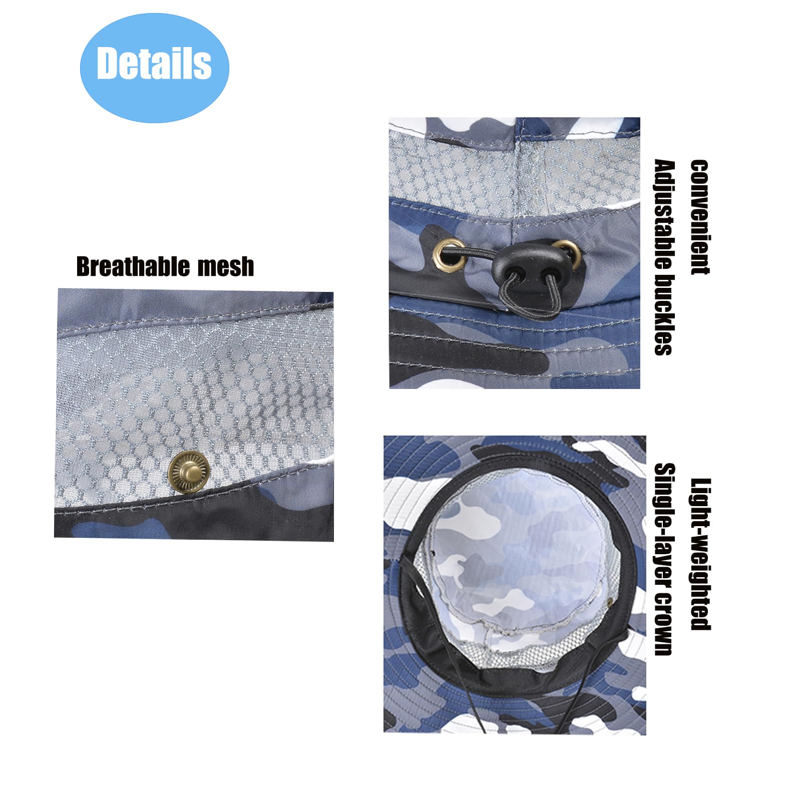 Micoop camo hat illustrating adjustable chin strap in use