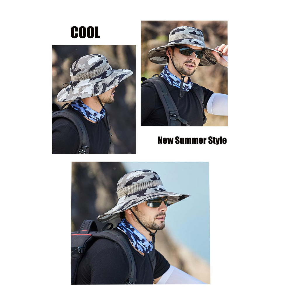 Micoop camouflage boonie hat highlighting UV50 protection feature