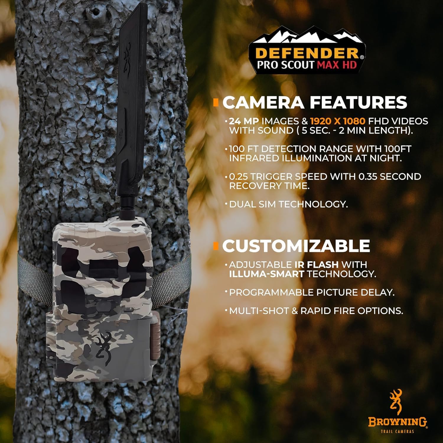 Middletown Outdoors Browning Defender Pro Scout Max HD 24MP dual-SIM with Illuma-Smart night adjustment.