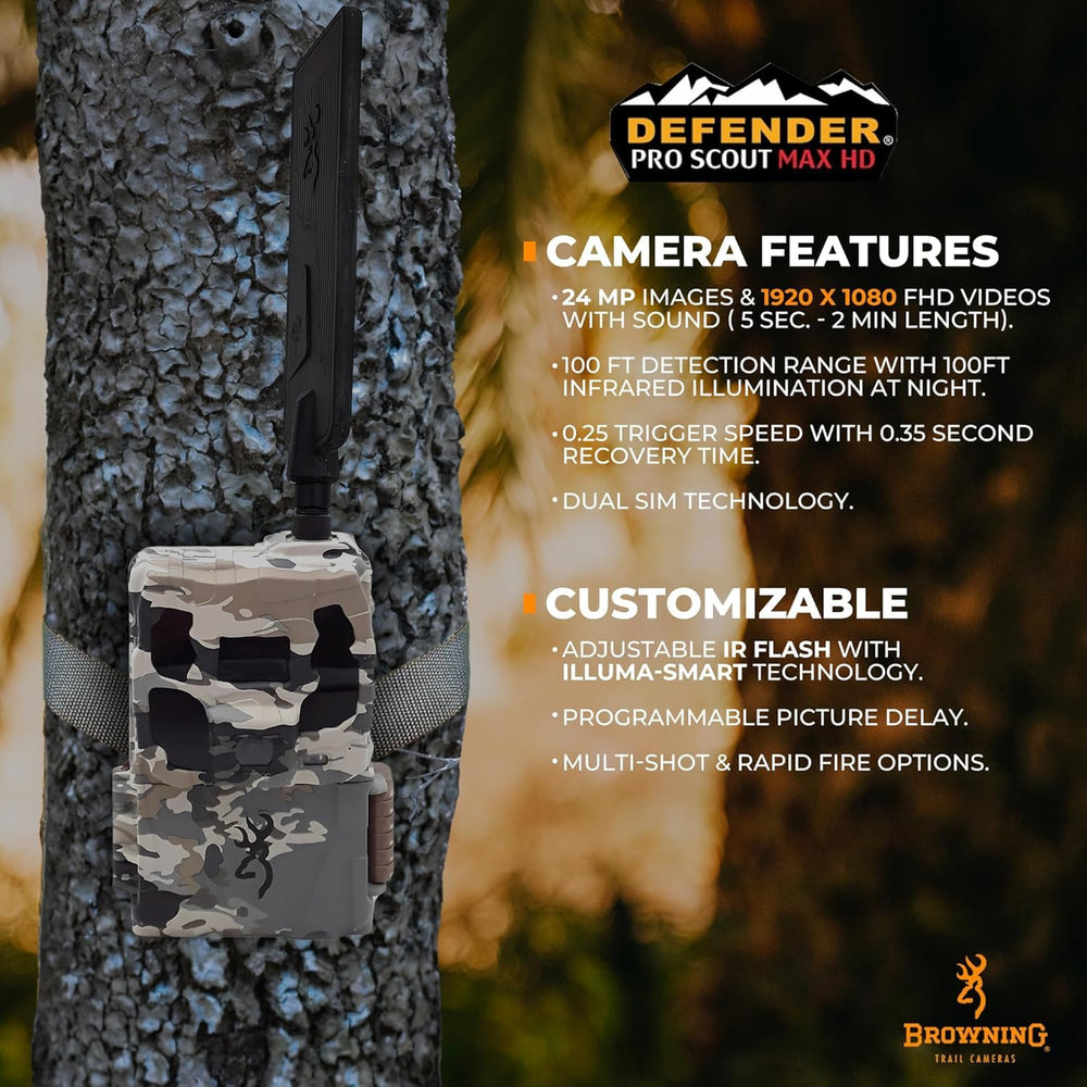 Middletown Outdoors Browning Defender Pro Scout Max HD 24MP dual-SIM with Illuma-Smart night adjustment.
