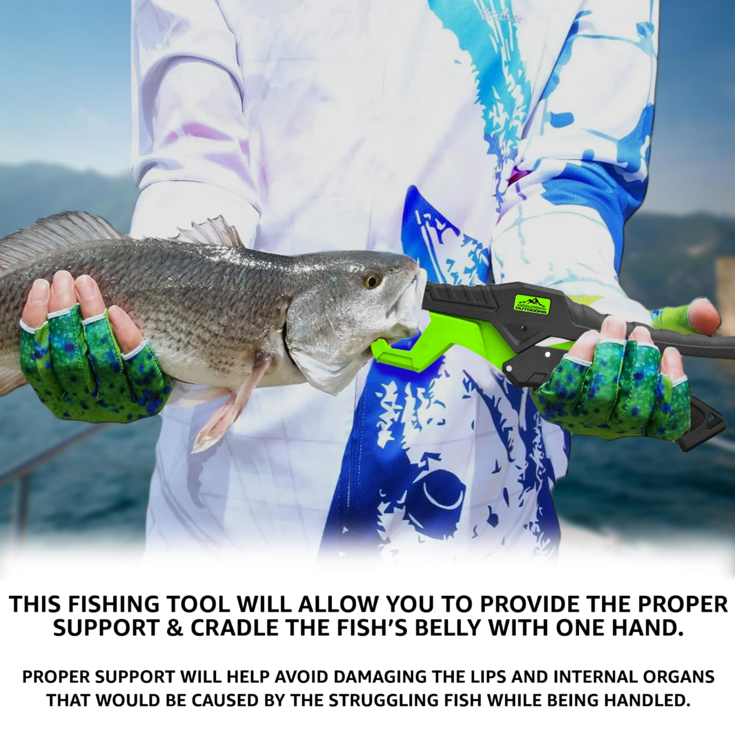 Compact green Fish Lip Grabber showing ergonomic design