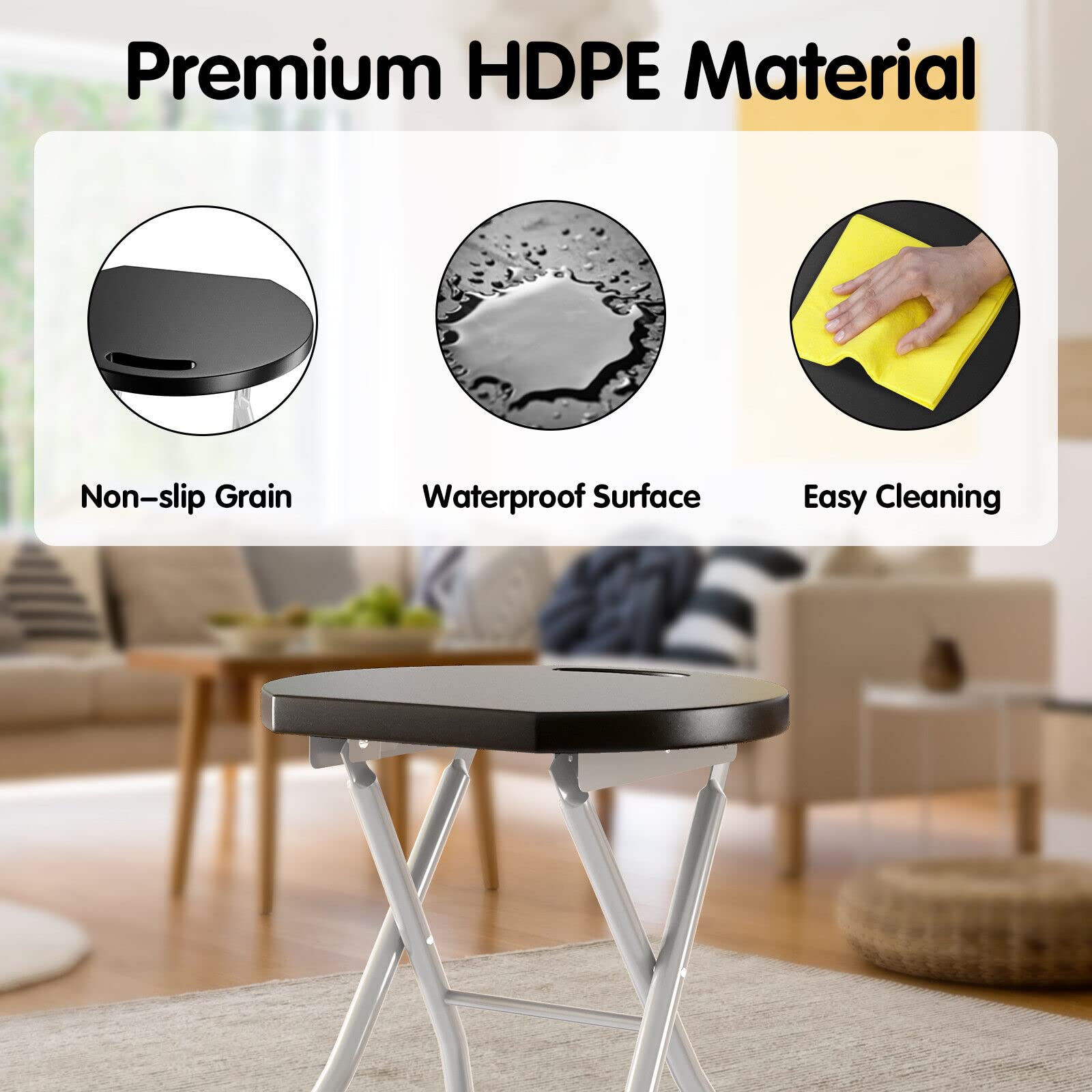 MIDDOW SilkyDry folding stool HDPE seat is weather-resistant and easy to clean.