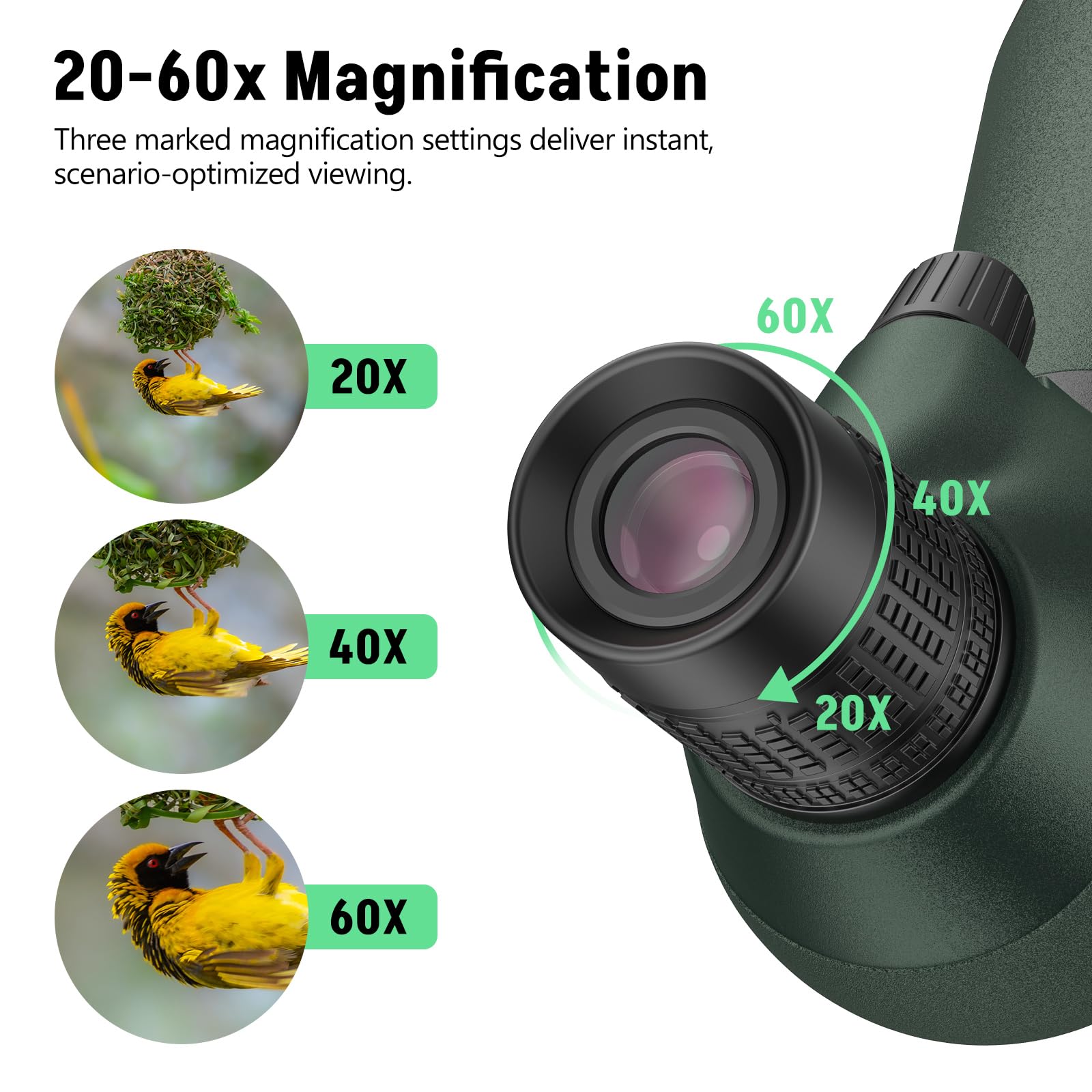 MidTen spotting scope zoom dial demonstrates 20-60x magnification for distant targets