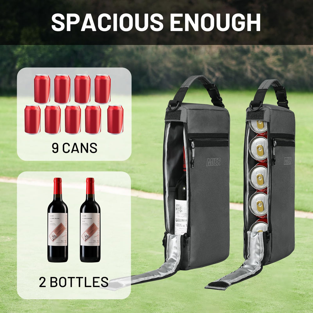 MIER golf cooler bag interior holds 9 cans or two wine bottles.