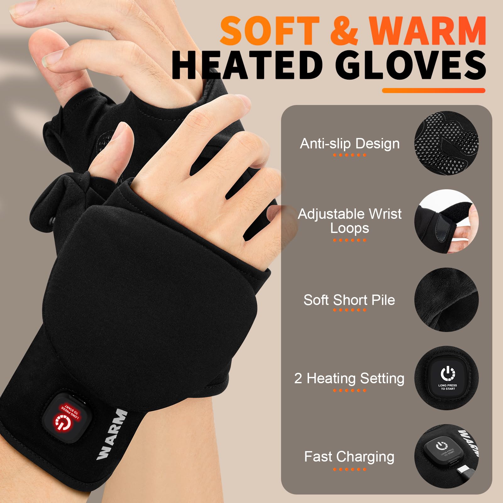 Mierns heated gloves featuring flip-top closure for fingertip access and dexterity.