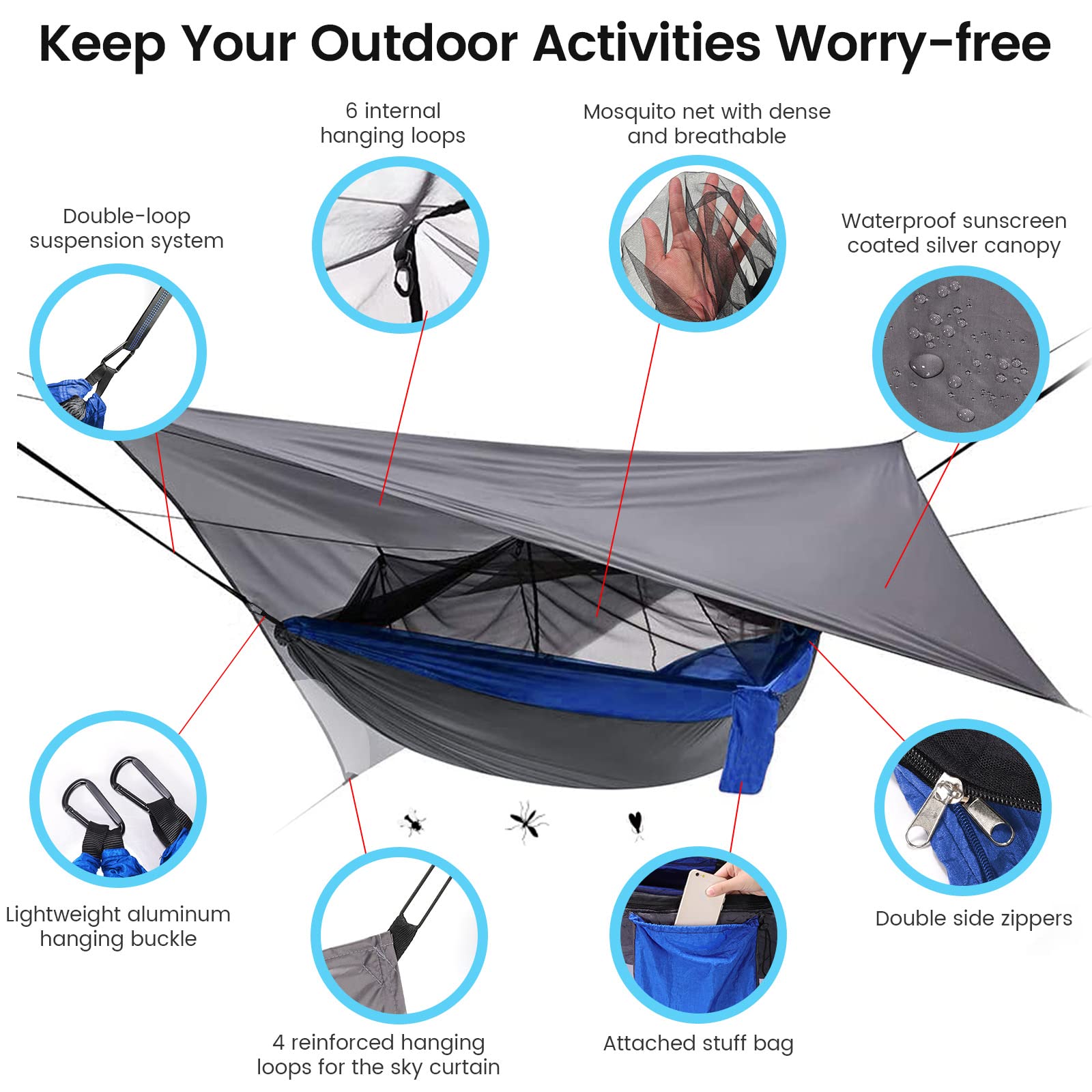 MIFXIN 2-in-1 design hammock provides mosquito protection and ventilation.