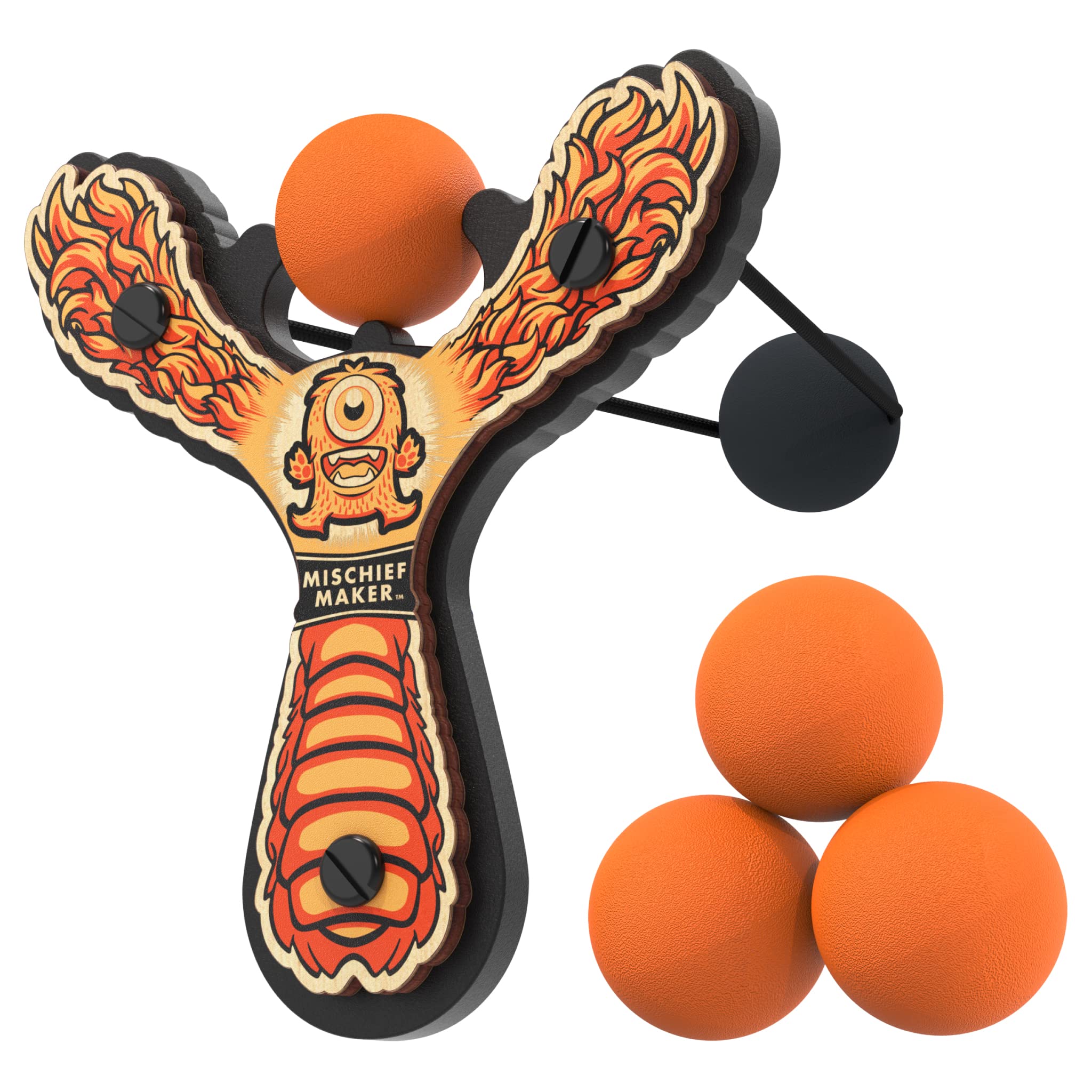 Mighty Fun! Mischief Maker slingshot front view shows kid-safe wooden design.