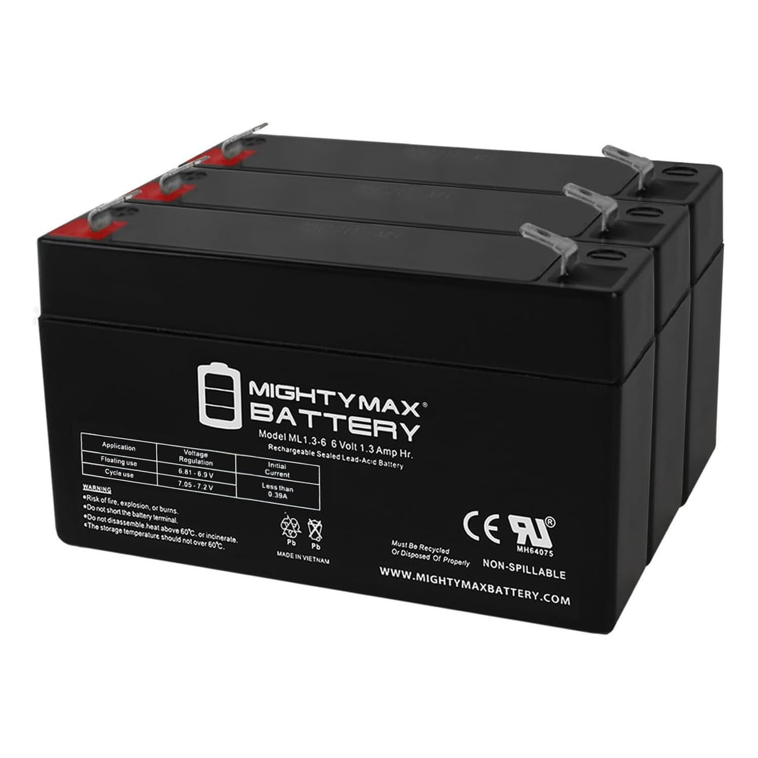 Mighty Max Battery 6V 1.3Ah SLA pack front view showing three batteries and compact size