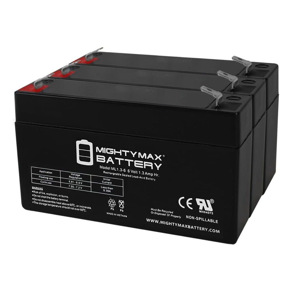 Mighty Max Battery 6V 1.3Ah SLA pack front view showing three batteries and compact size