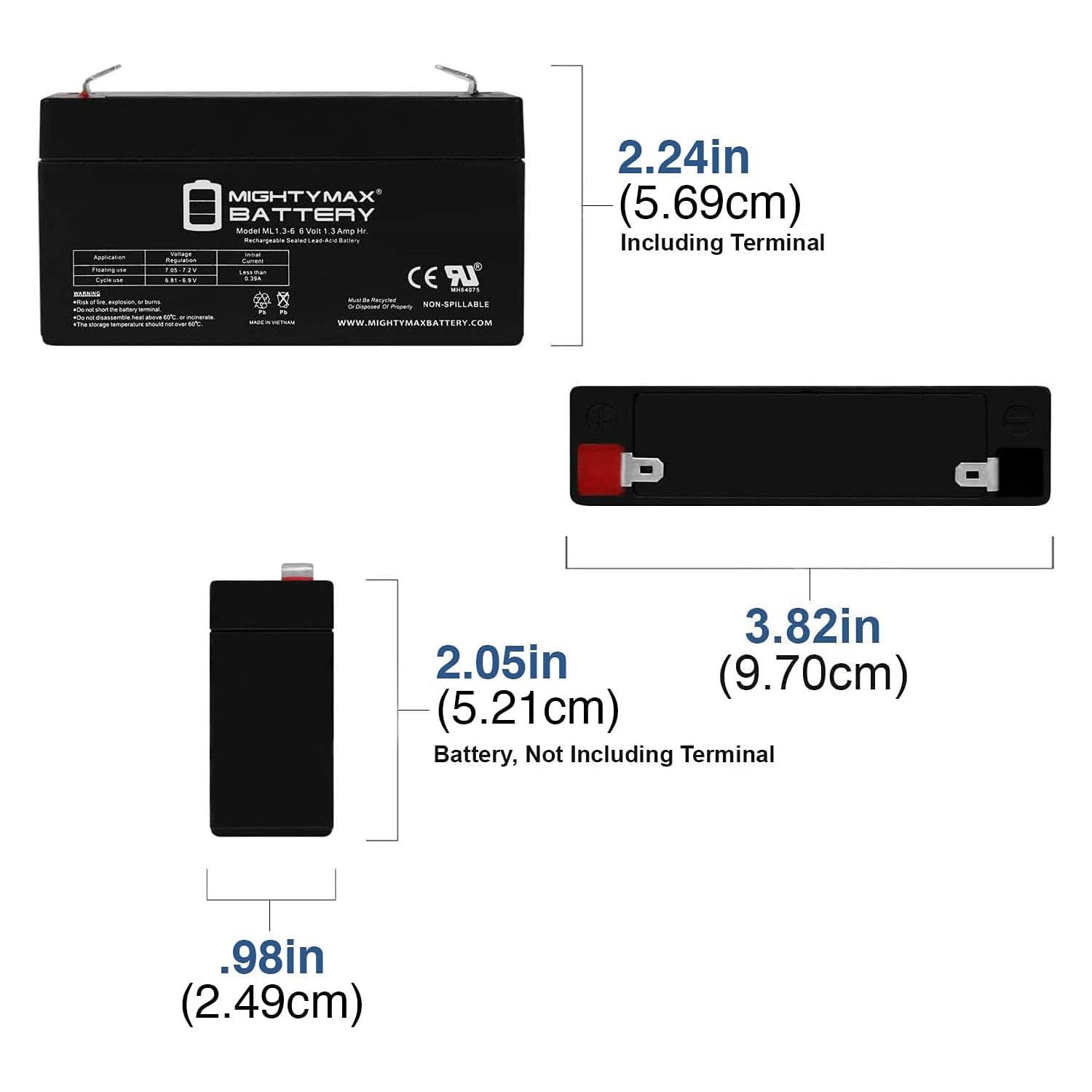 Three Mighty Max 6V 1.3Ah SLA batteries side view for DURA6-1.3F replacement