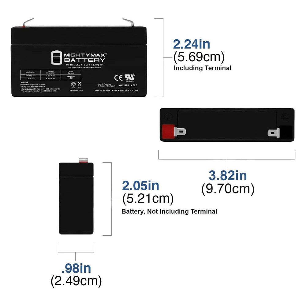 Three Mighty Max 6V 1.3Ah SLA batteries side view for DURA6-1.3F replacement