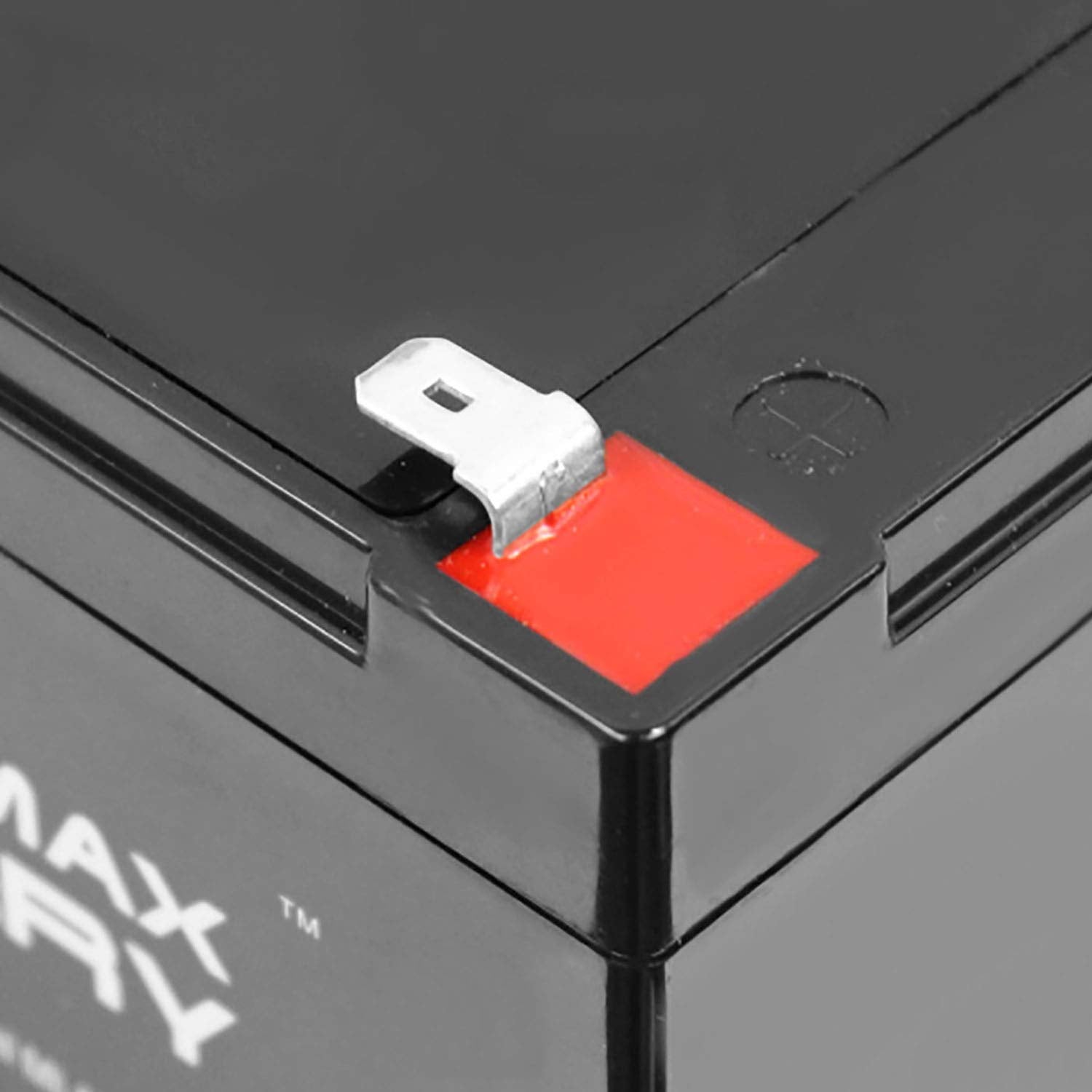 Mighty Max Battery dimensions label, compact footprint for tight spaces.