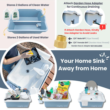 Mighty Sink dimensions 21x17x8 inches illustrate compact portability.