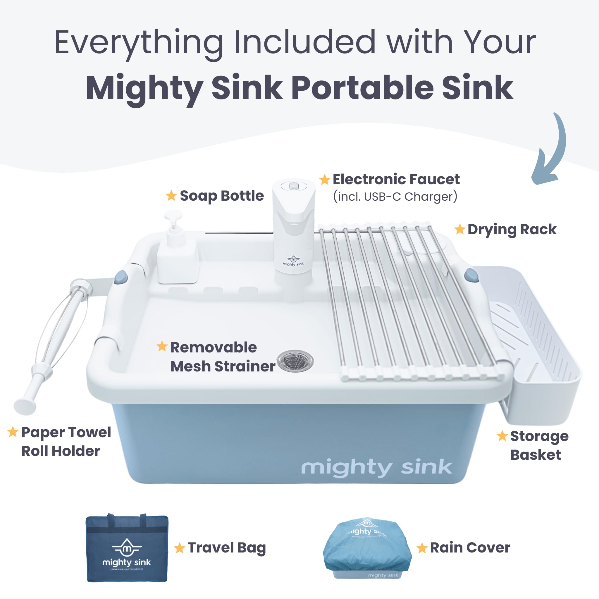 Mighty Sink eco-packaging highlights recyclable materials and reusable bags.