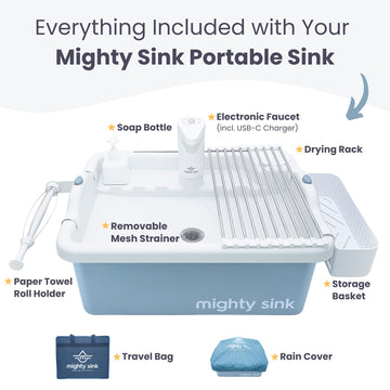 Mighty Sink eco-packaging highlights recyclable materials and reusable bags.