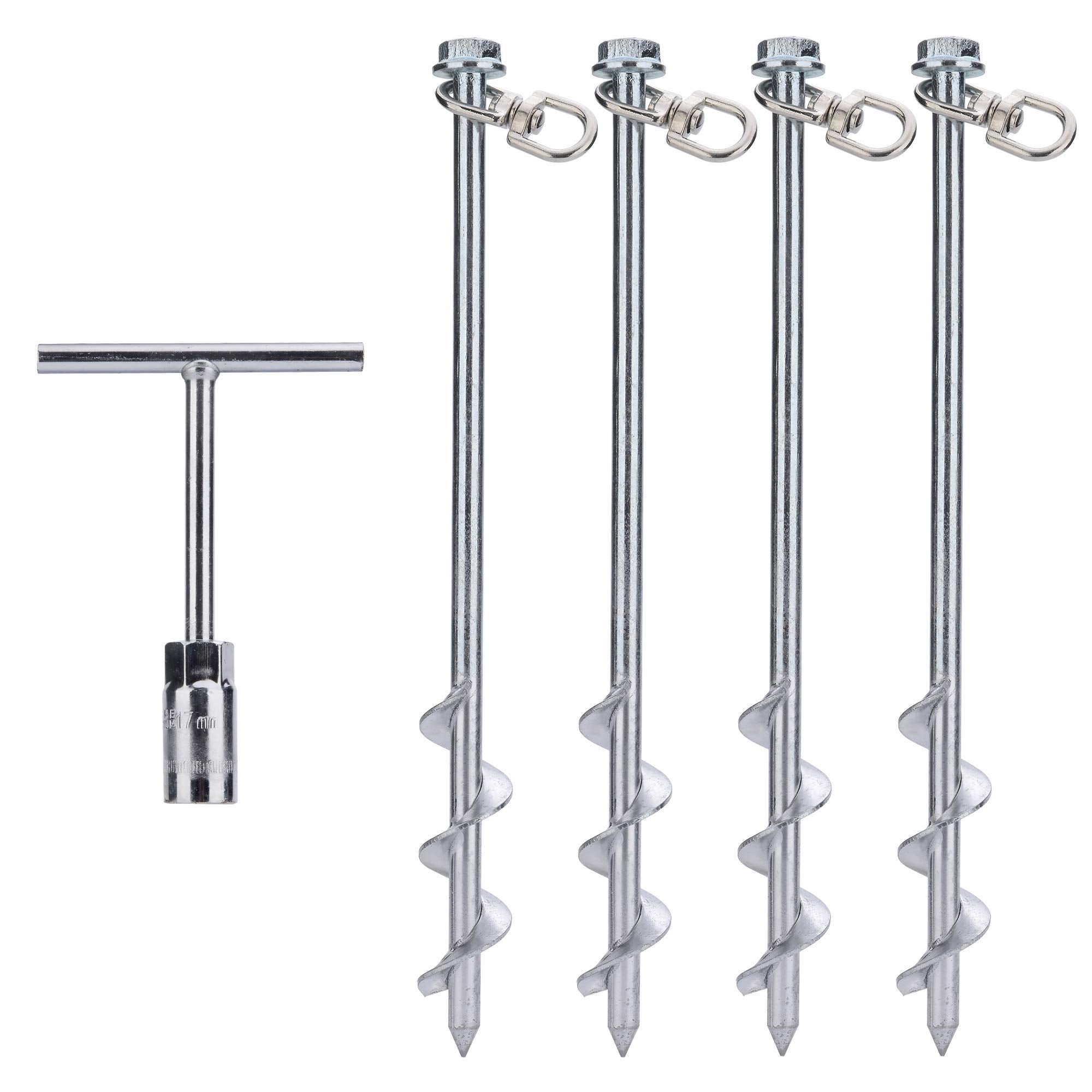 MightyPhine steel screw ground anchors 4-pack ready for 12 inch soil installation with strong hold.
