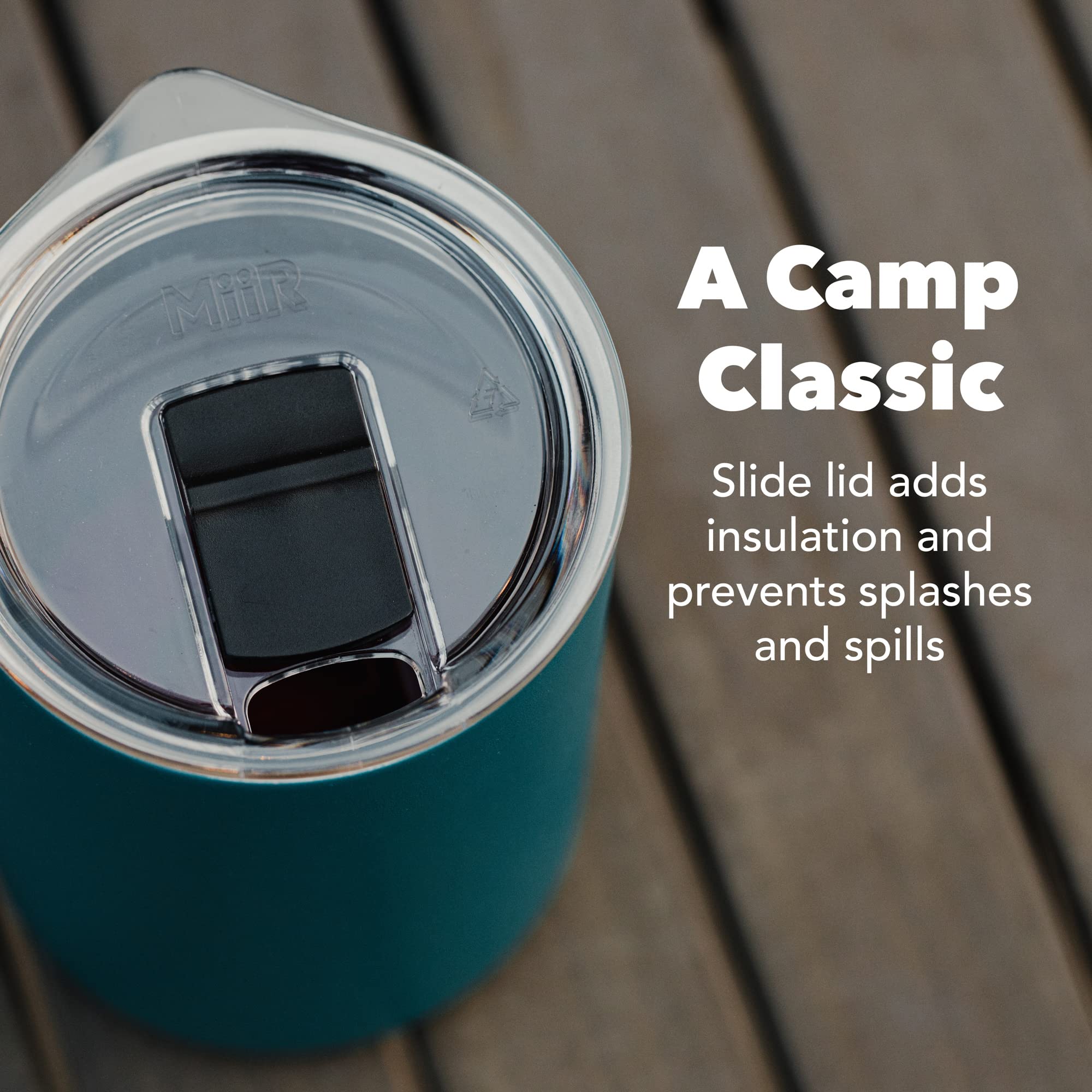 MiiR Camp Cup slide lid enables spill-free sipping during travel or camping.